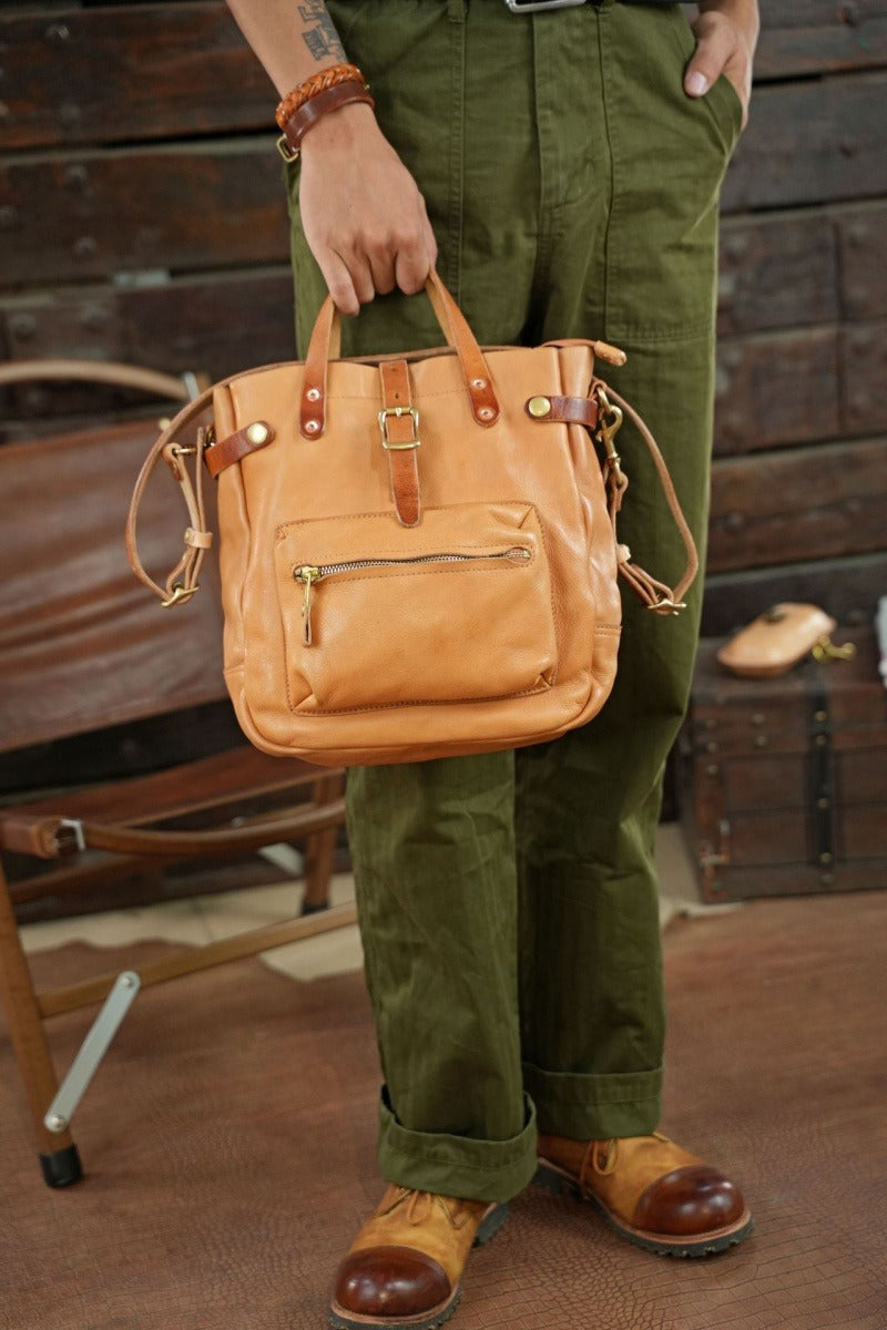 Full-grain Cowhide Leather Retro Shoulder Bag Vegetable Tanned Crossbody Bag Men and Women Casual Bag