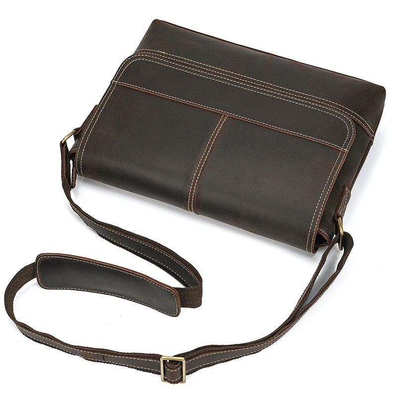 Men's Leather Shoulder Bag Crazy Horse Leather Crossbody Bag Full-grain Cowhide Flip Messenger Bag