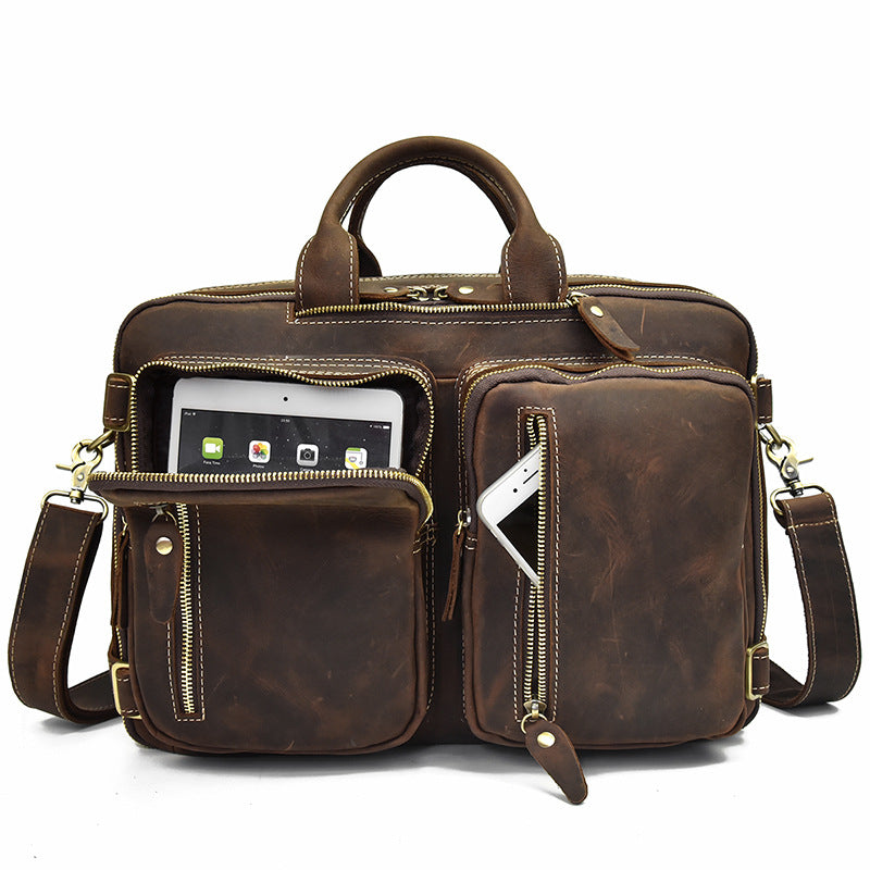 Men's Briefcase Crazy Horse Leather Multifunctional Handbag Full-grain Cowhide Computer Bag