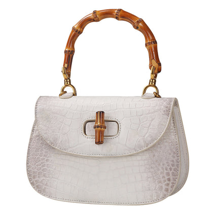 Himalayan White Crocodile Leather Bamboo Handle Bag Advanced Handbag Crossbody Saddle Bag