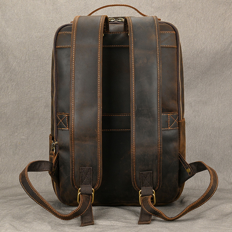 Double Zipper Large Capacity Crazy Horse Leather Backpack Full-grain Cowhide Bag