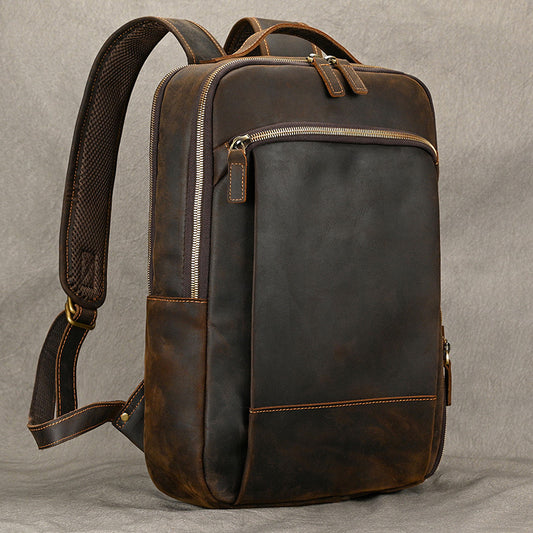 Double Zipper Large Capacity Crazy Horse Leather Backpack Full-grain Cowhide Bag