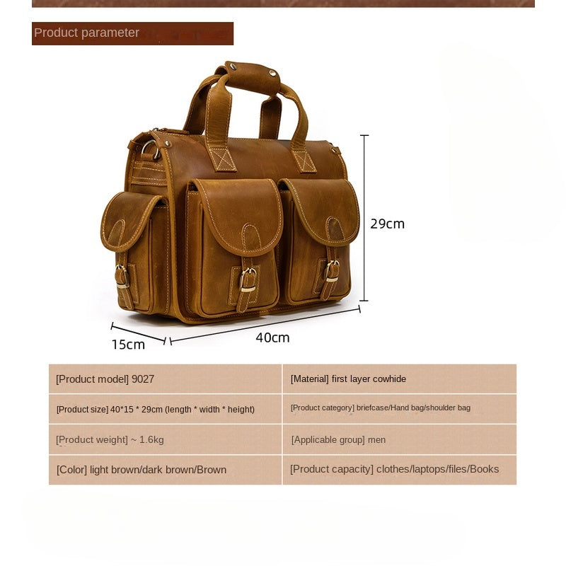 Men's Full-grain Cowhide Briefcase Crazy Horse Leather Computer Bag Slung Shoulder Bag