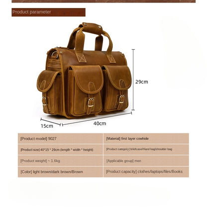 Men's Full-grain Cowhide Briefcase Crazy Horse Leather Computer Bag Slung Shoulder Bag