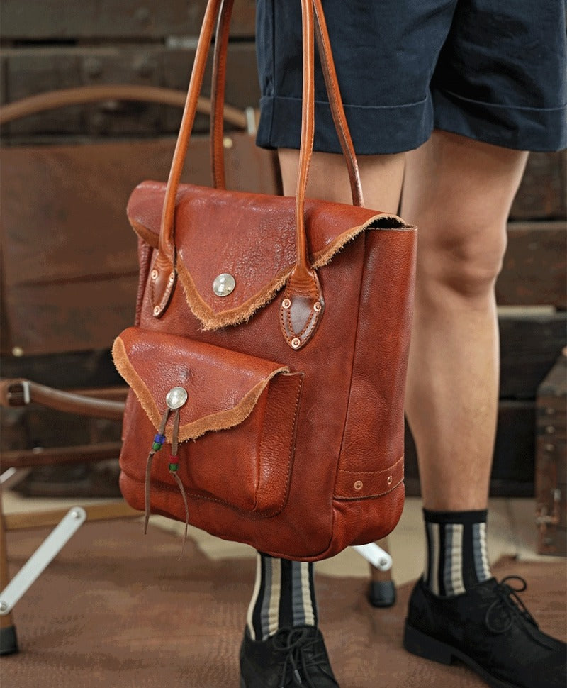 Handmade Vegetable Tanning Cowhide Leather Tote File Bag Crossbody Bag