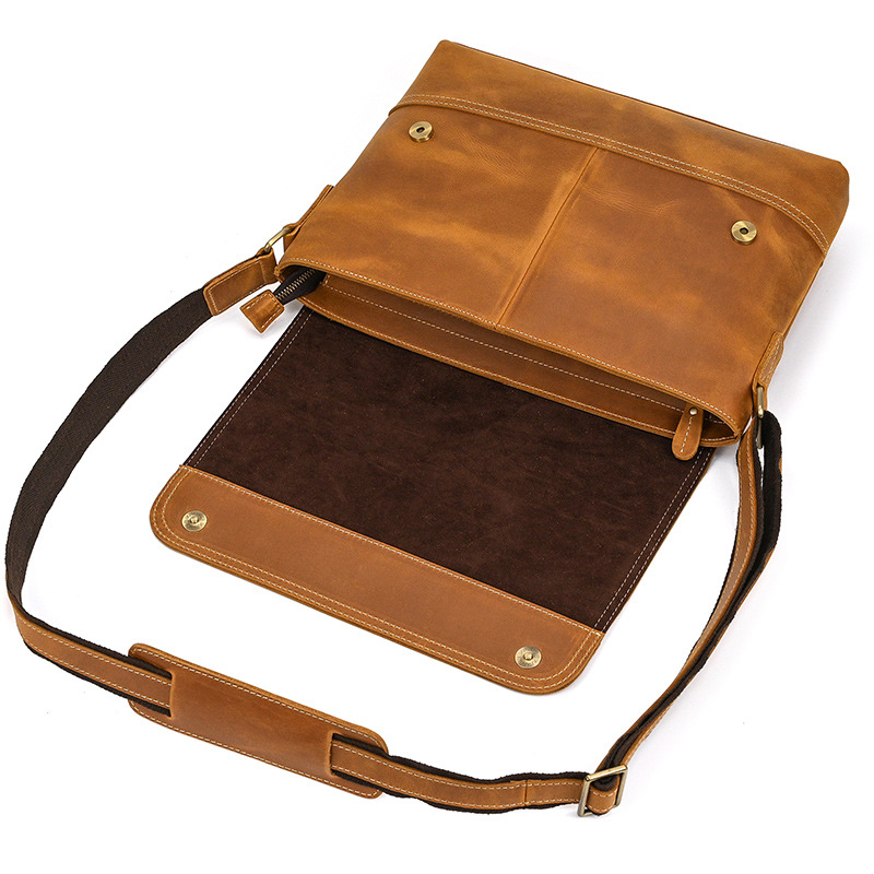 Men's Leather Shoulder Bag Crazy Horse Leather Crossbody Bag Full-grain Cowhide Flip Messenger Bag