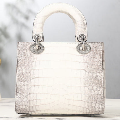 Himalayan White Crocodile Leather Women's Bag Advanced Diamond-Embedded Diana Bag New Handbag Genuine Leather Large Capacity