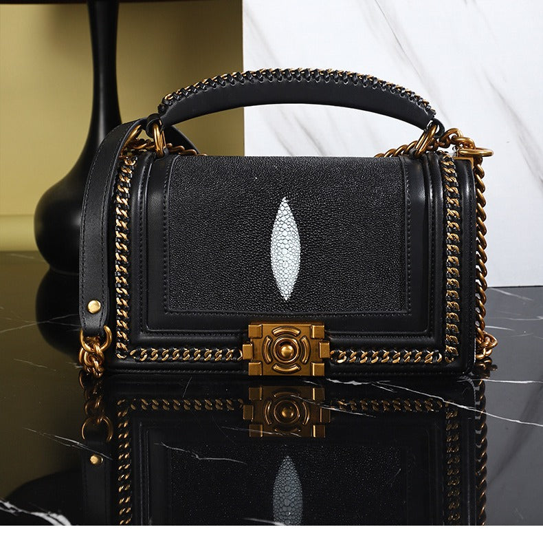 Pearl Fishskin Chain Bag Genuine Leather Crossbody Bag