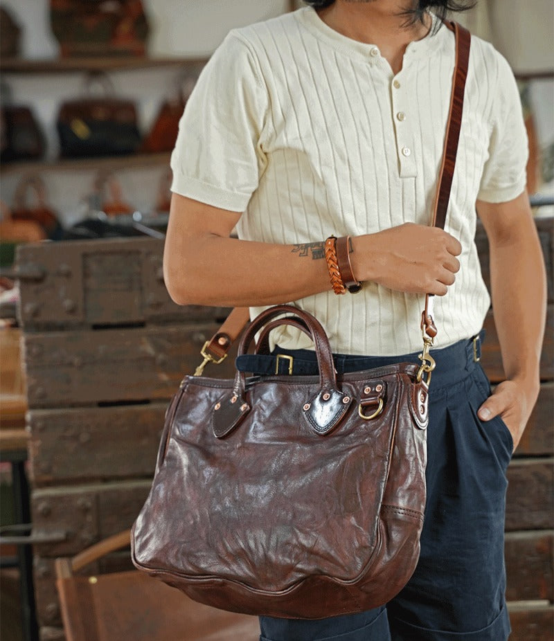 Vegetable-tanned Leather Men's and Women's Crossbody Briefcase Bag Full-grain Horse Leather Handmade Bag