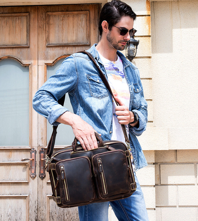 Men's Briefcase Crazy Horse Leather Multifunctional Handbag Full-grain Cowhide Computer Bag