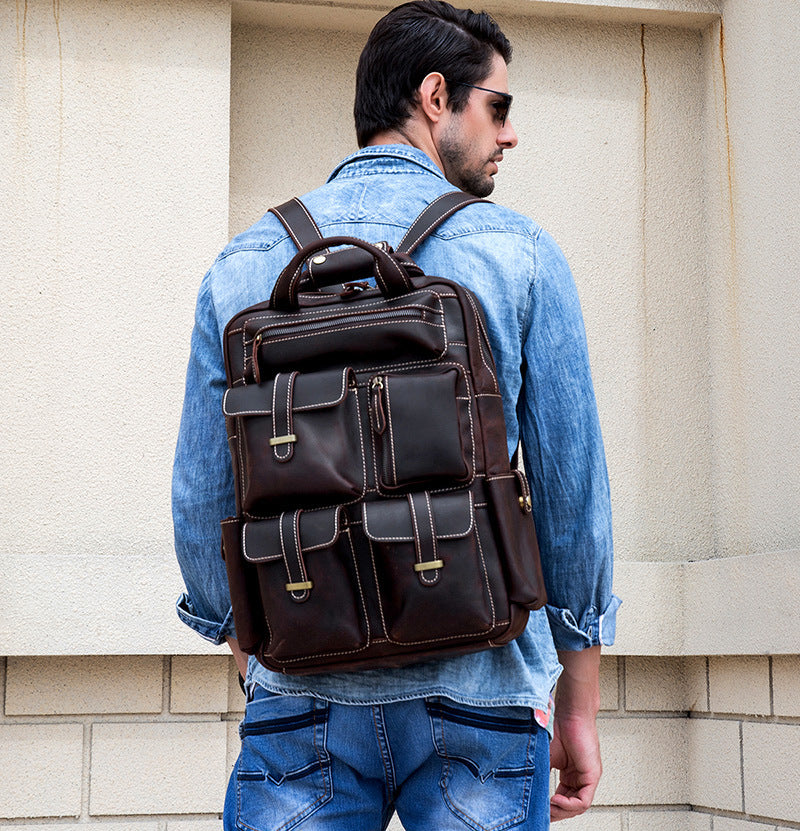 Men's Retro Backpack Crazy Horse Leather Travel Bag Large Capacity Bag