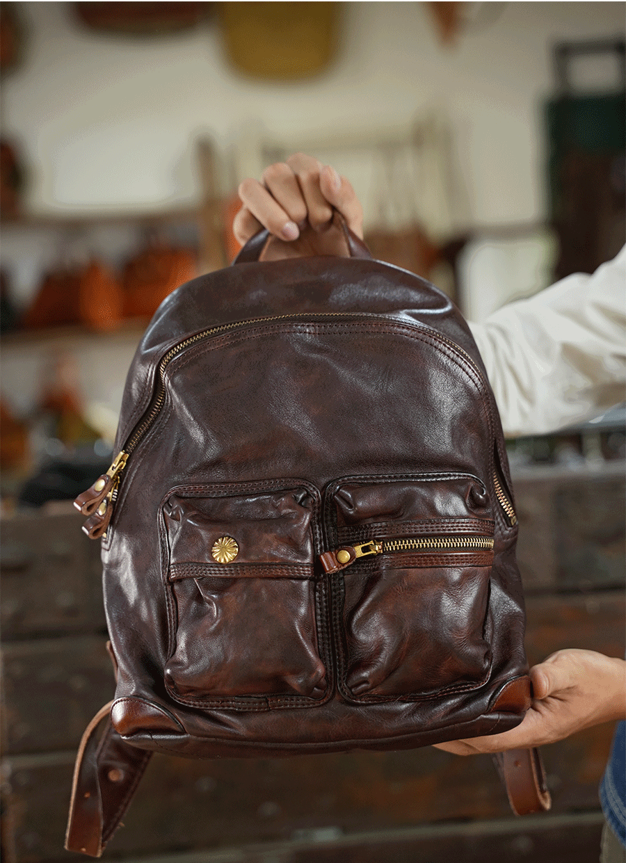 Vegetable-tanned Leather Backpacks Full-grain Horse Skin Sheep Skin Leather Backpack