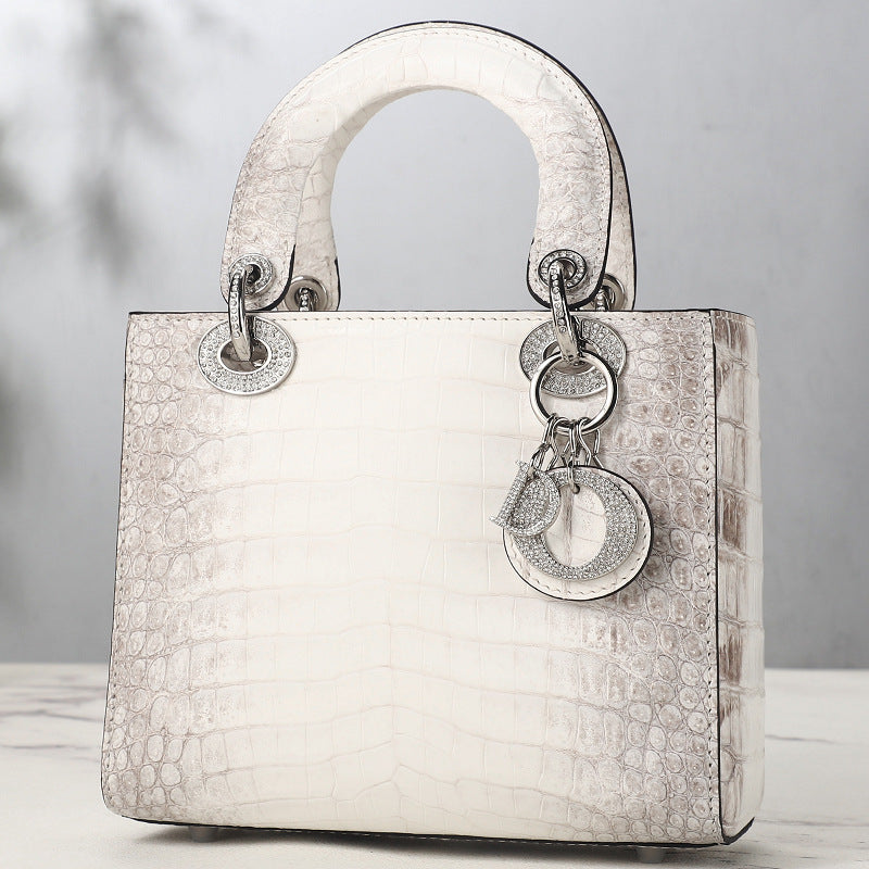 Himalayan White Crocodile Leather Women's Bag Advanced Diamond-Embedded Diana Bag New Handbag Genuine Leather Large Capacity