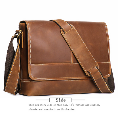 Crazy Horse Leather Bag Full-grain Cowhide Messenger Bag Retro Shoulder Bag