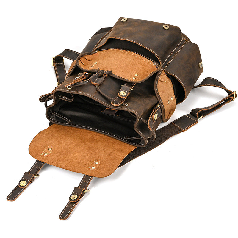 Men's Backpack, Crazy Horse Leather Backpack, Large Capacity Flip Travel Bag