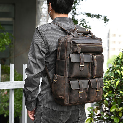 Men's Retro Backpack Crazy Horse Leather Travel Bag Large Capacity Bag