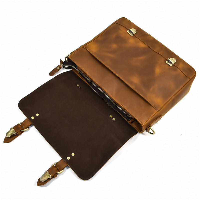 Men's Crazy Horse Leather Briefcase Full-grain Cowhide Crossbody Bag