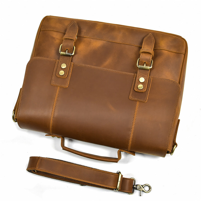 Men's Crazy Horse Leather Briefcase Full-grain Cowhide Crossbody Bag