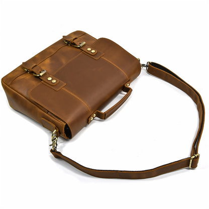 Men's Crazy Horse Leather Briefcase Full-grain Cowhide Crossbody Bag