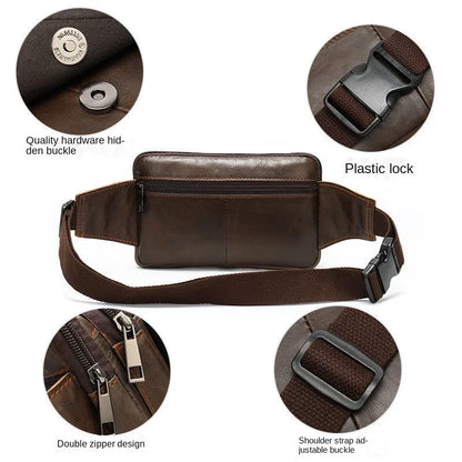 Genuine Leather Men's Waist Bag, Top-grain Leather Outdoor Single Shoulder Crossbody Chest Bag, Motorcycle Waist Bag