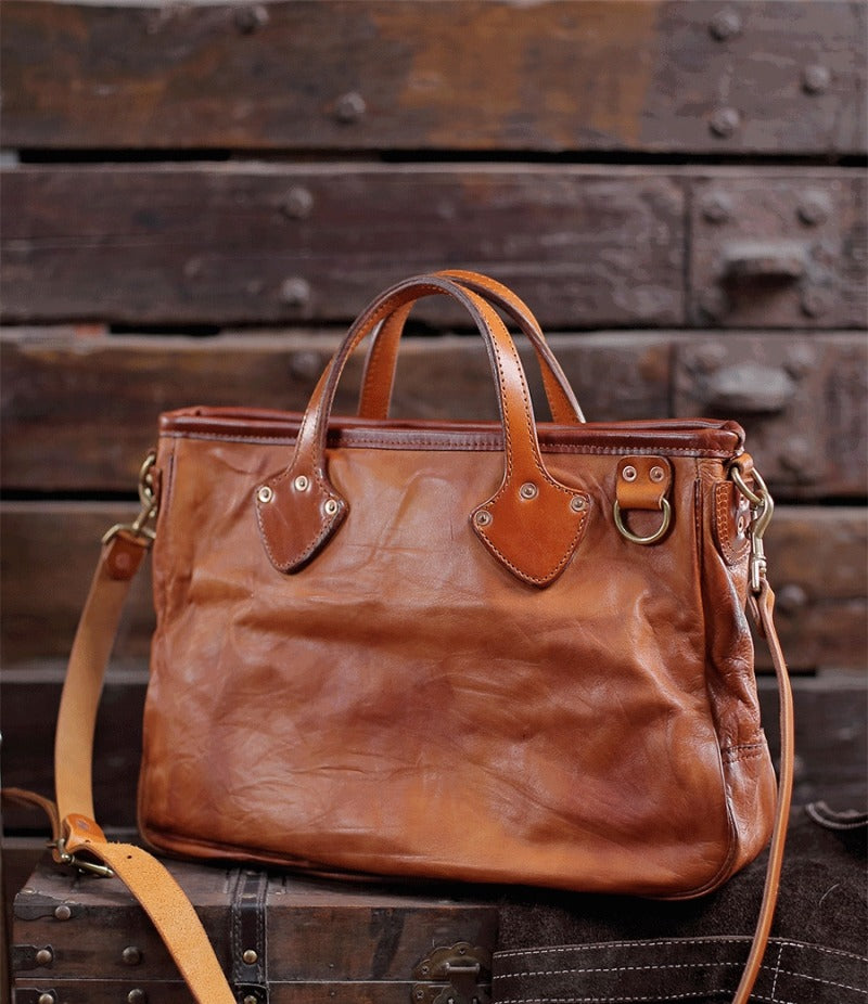 Vegetable-tanned Leather Men's and Women's Crossbody Briefcase Bag Full-grain Horse Leather Handmade Bag