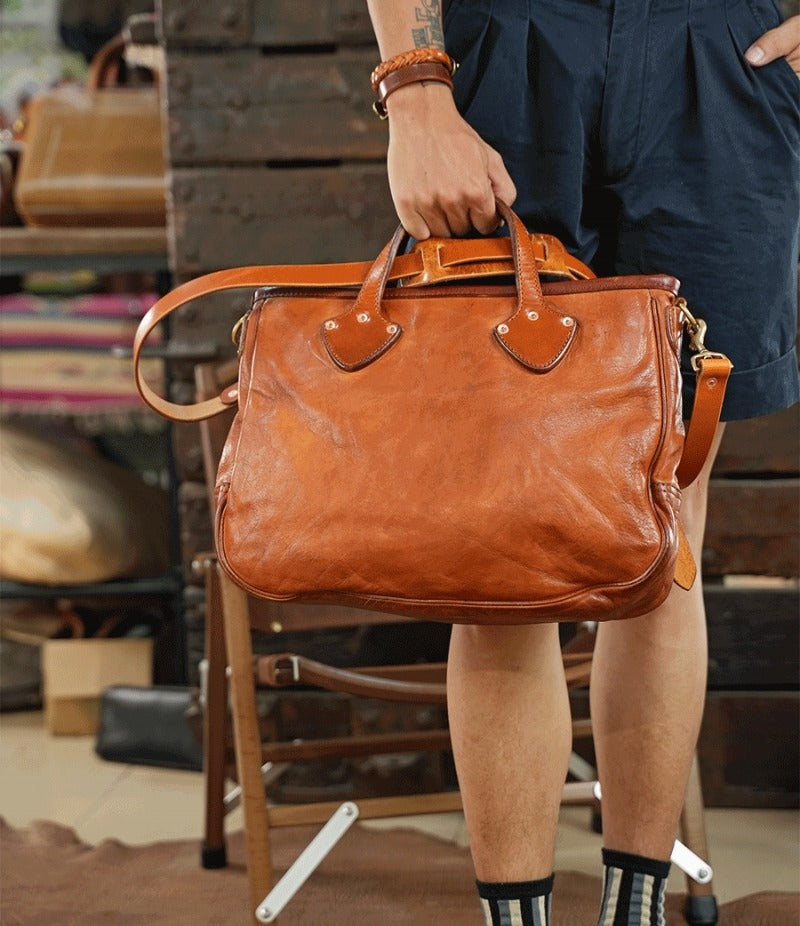 Vegetable-tanned Leather Men's and Women's Crossbody Briefcase Bag Full-grain Horse Leather Handmade Bag