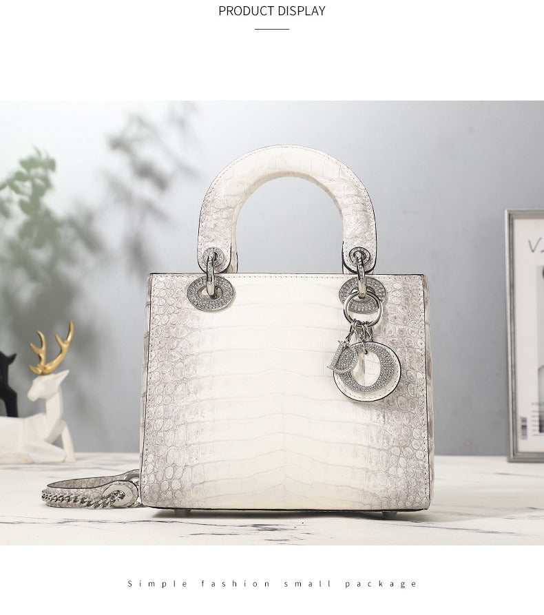 Himalayan White Crocodile Leather Women's Bag Advanced Diamond-Embedded Diana Bag New Handbag Genuine Leather Large Capacity