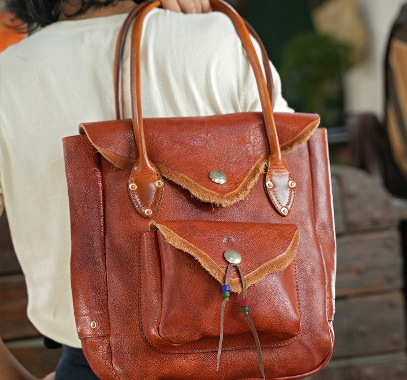 Handmade Vegetable Tanning Cowhide Leather Tote File Bag Crossbody Bag