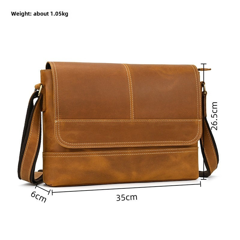 Men's Leather Shoulder Bag Crazy Horse Leather Crossbody Bag Full-grain Cowhide Flip Messenger Bag