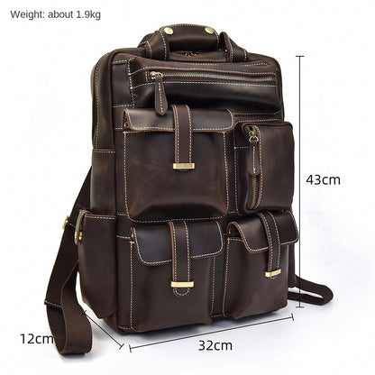 Men's Retro Backpack Crazy Horse Leather Travel Bag Large Capacity Bag