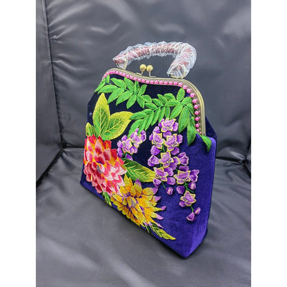 Women's Velvet Embroidery Handbag Handmade Clasp Purse Redwood Handle