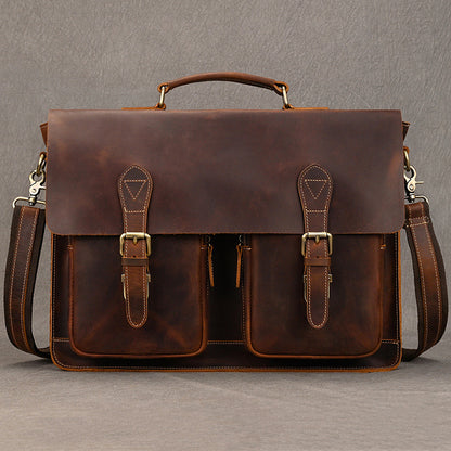 Crazy Horse Leather Briefcase Men's Shoulder Bag Full-grain Cowhide Computer Bag