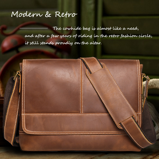 Crazy Horse Leather Bag Full-grain Cowhide Messenger Bag Retro Shoulder Bag