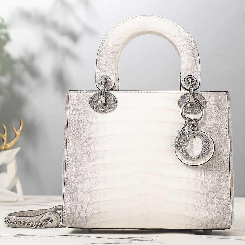 Himalayan White Crocodile Leather Women's Bag Advanced Diamond-Embedded Diana Bag New Handbag Genuine Leather Large Capacity