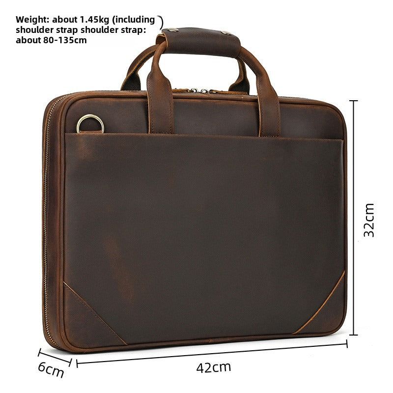 Retro Crazy Horse Leather Briefcase Ultra-Thin Business Handbag 15.6-Inch Laptop Bag