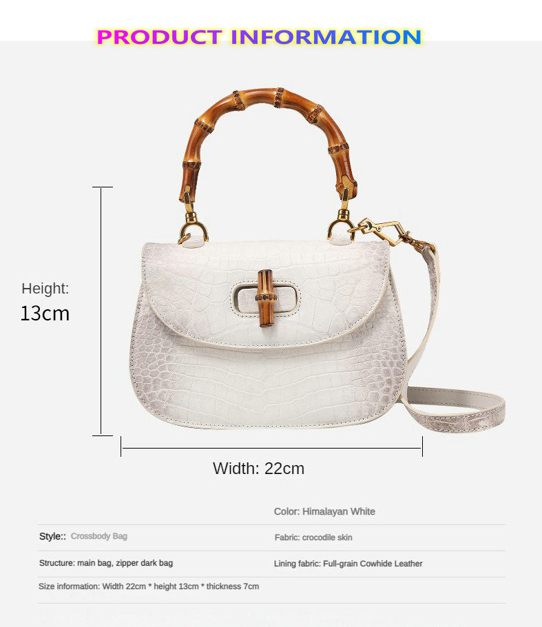 Himalayan White Crocodile Leather Bamboo Handle Bag Advanced Handbag Crossbody Saddle Bag