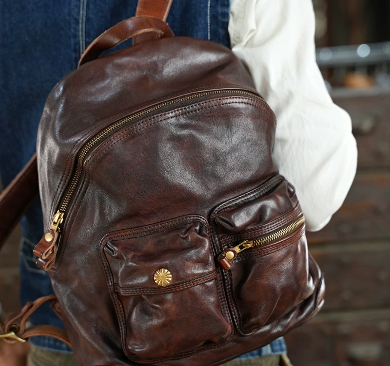 Vegetable-tanned Leather Backpacks Full-grain Horse Skin Sheep Skin Leather Backpack