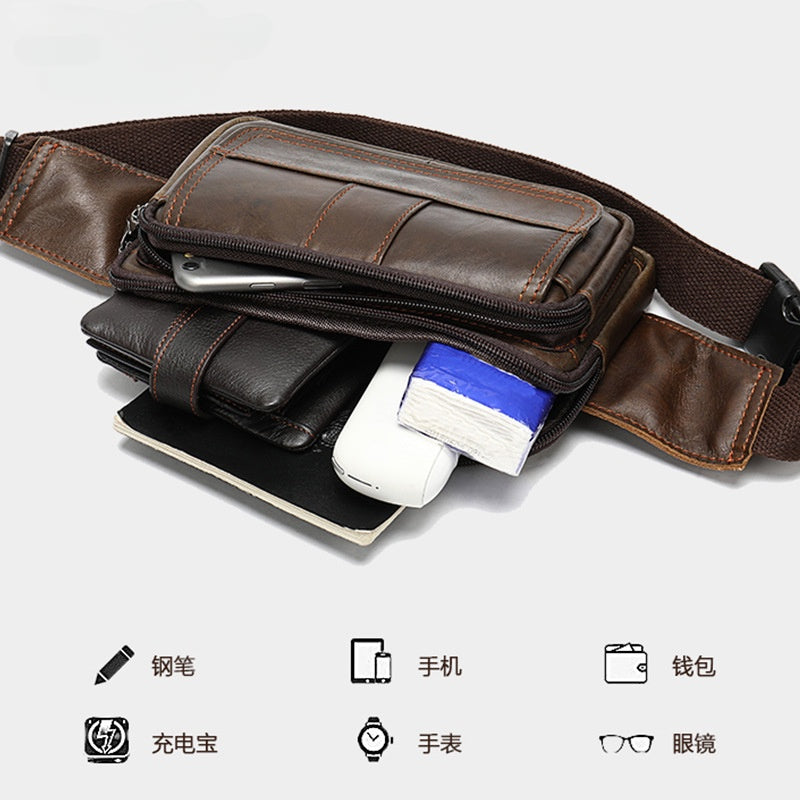 Genuine Leather Men's Waist Bag, Top-grain Leather Outdoor Single Shoulder Crossbody Chest Bag, Motorcycle Waist Bag