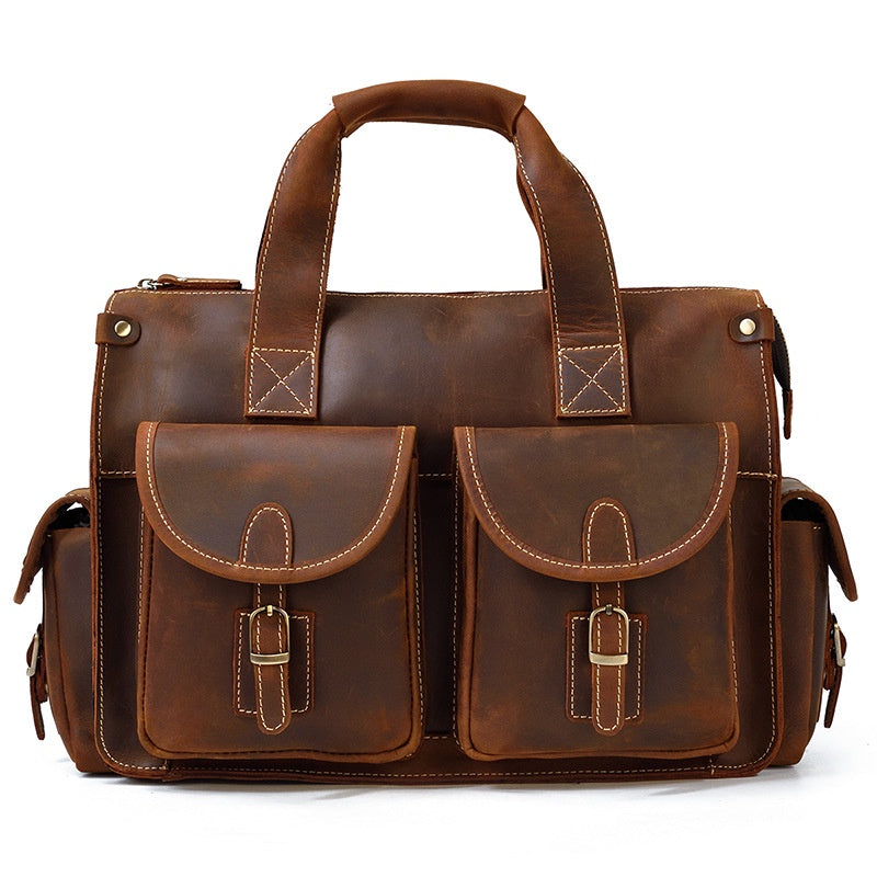 Men's Full-grain Cowhide Briefcase Crazy Horse Leather Computer Bag Slung Shoulder Bag