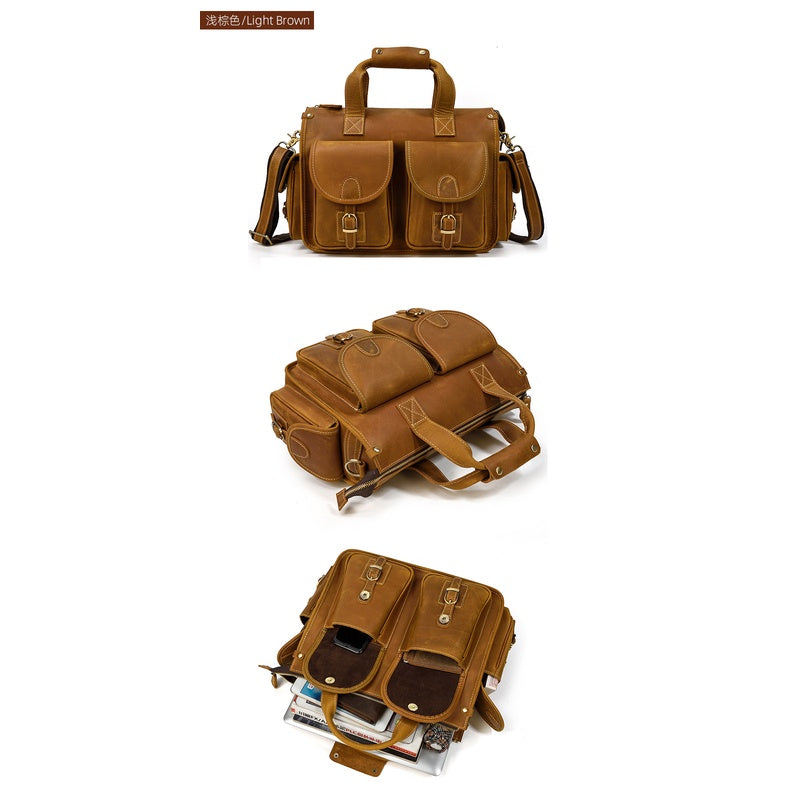 Men's Full-grain Cowhide Briefcase Crazy Horse Leather Computer Bag Slung Shoulder Bag