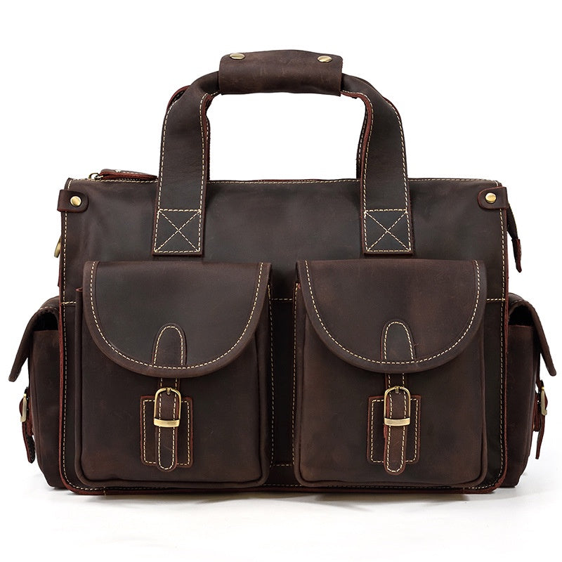 Men's Full-grain Cowhide Briefcase Crazy Horse Leather Computer Bag Slung Shoulder Bag