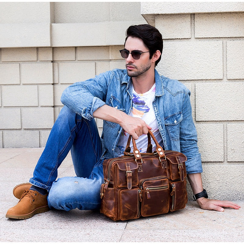 Men's Full-grain Crowhide Crazy Horse Leather Large Capacity Handbag Leather Briefcase