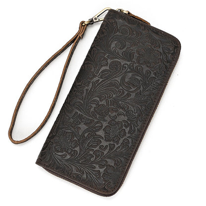 Multi-card Mobile Phone Coin Purse Crazy Horse Leather Long Wallet Retro Embossed Zipper Wallet