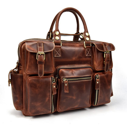 Men's Full-grain Crowhide Crazy Horse Leather Large Capacity Handbag Leather Briefcase