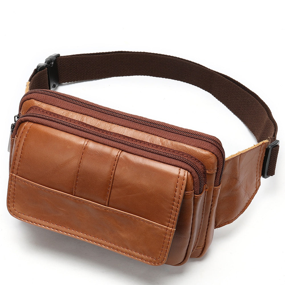 Genuine Leather Men's Waist Bag, Top-grain Leather Outdoor Single Shoulder Crossbody Chest Bag, Motorcycle Waist Bag