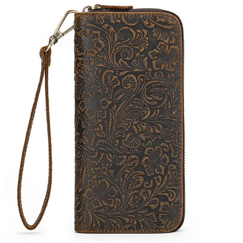 Multi-card Mobile Phone Coin Purse Crazy Horse Leather Long Wallet Retro Embossed Zipper Wallet