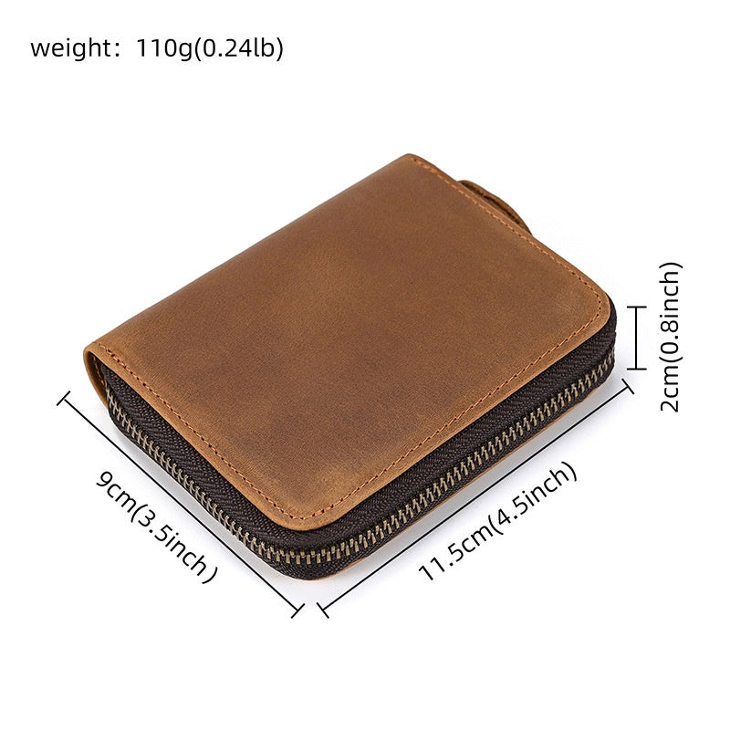 Men's Genuine Leather Wallet Mad Horse Skin Zipper Short Wallet Multi Card Zero Wallet