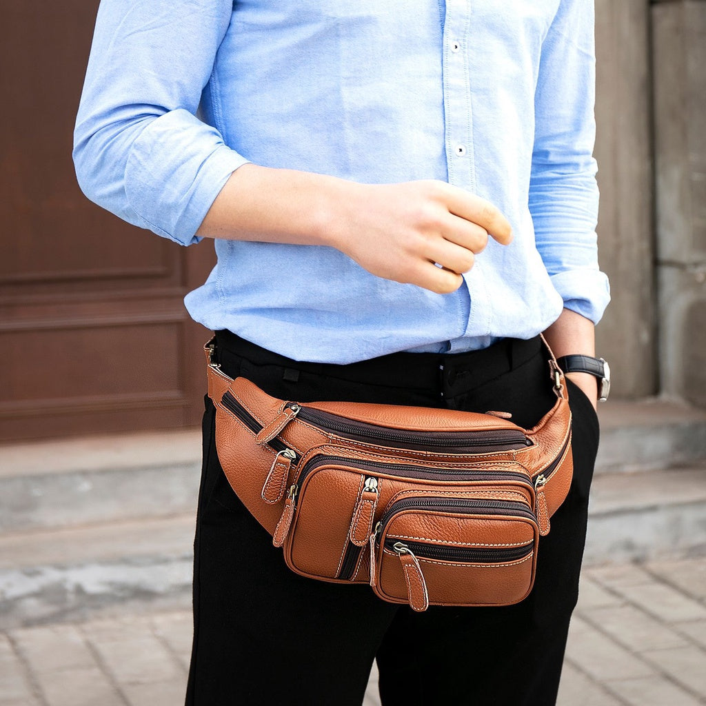 Multi Functional Men's Waist Bag, Leather Leisure Chest Bag, Single Shoulder Crossbody Bag, Motorcycle Waist Bag