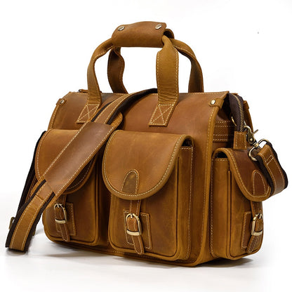 Men's Full-grain Cowhide Briefcase Crazy Horse Leather Computer Bag Slung Shoulder Bag