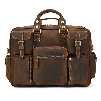 Men's Full-grain Crowhide Crazy Horse Leather Large Capacity Handbag Leather Briefcase